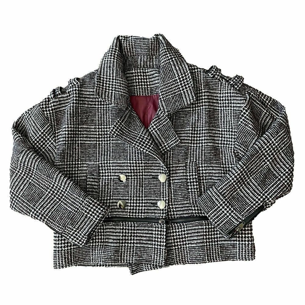 Maroon Black White Womens Wool Jacket Coat Plaid Houndstooth Double-Breasted M